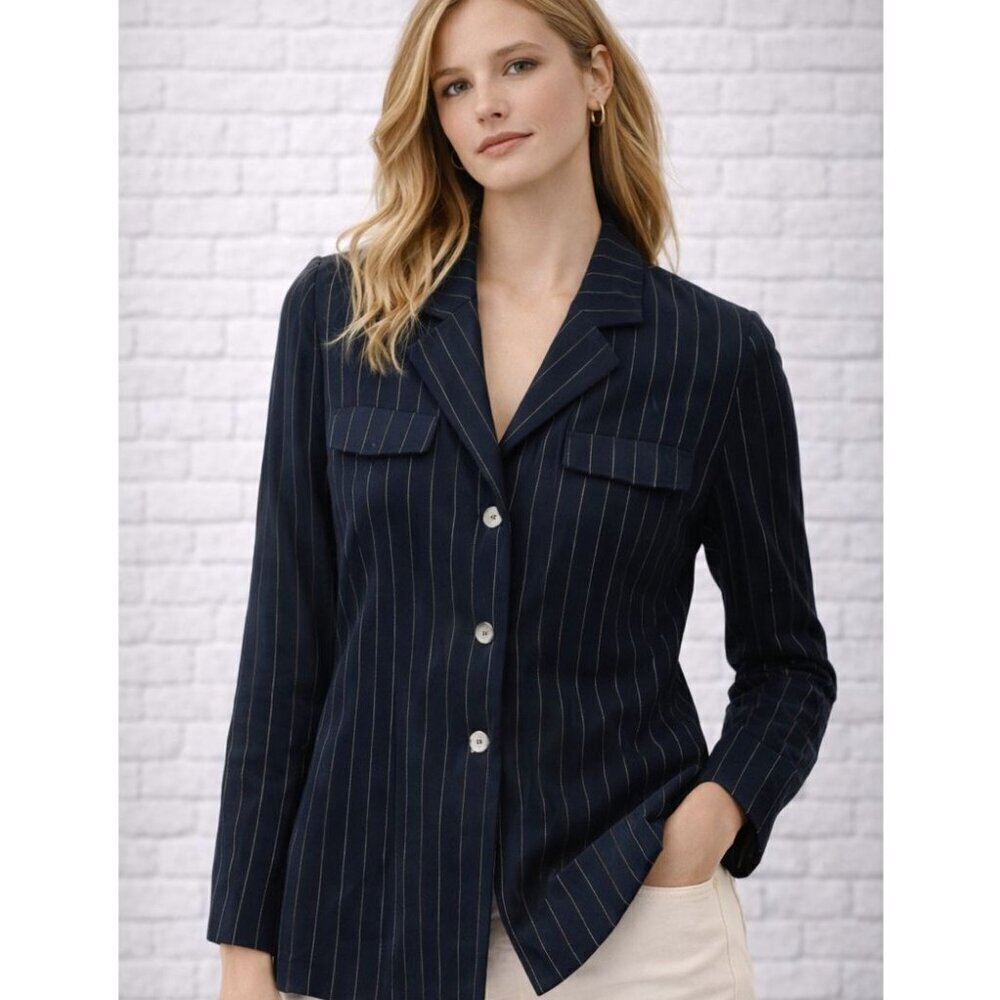 Escada Vintage Black and White Pinstripe Padded Shoulder Blazer Size L